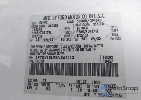 2002 Ford F-150 Lariat/Xl/Xlt из США, поврежденный, VIN 1FTRX18L92NB61413